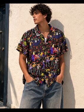 David Carey Originals Shirt Large Skeleton Mariachi Roses Button Up Black